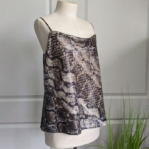Elie Tahari Blouse Sleeveless Sequin Snake Print Draped Neck Truffle Black L NWT
